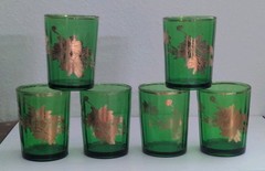 MCM Green w/Gold Flowers Bohemia Glass Pitcher and 6 Matching Tumblers⚜️