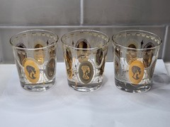 Vintage Set of 3 Gold Royal Ladies Portrait Cocktail Rocks Glasses Barware MCM