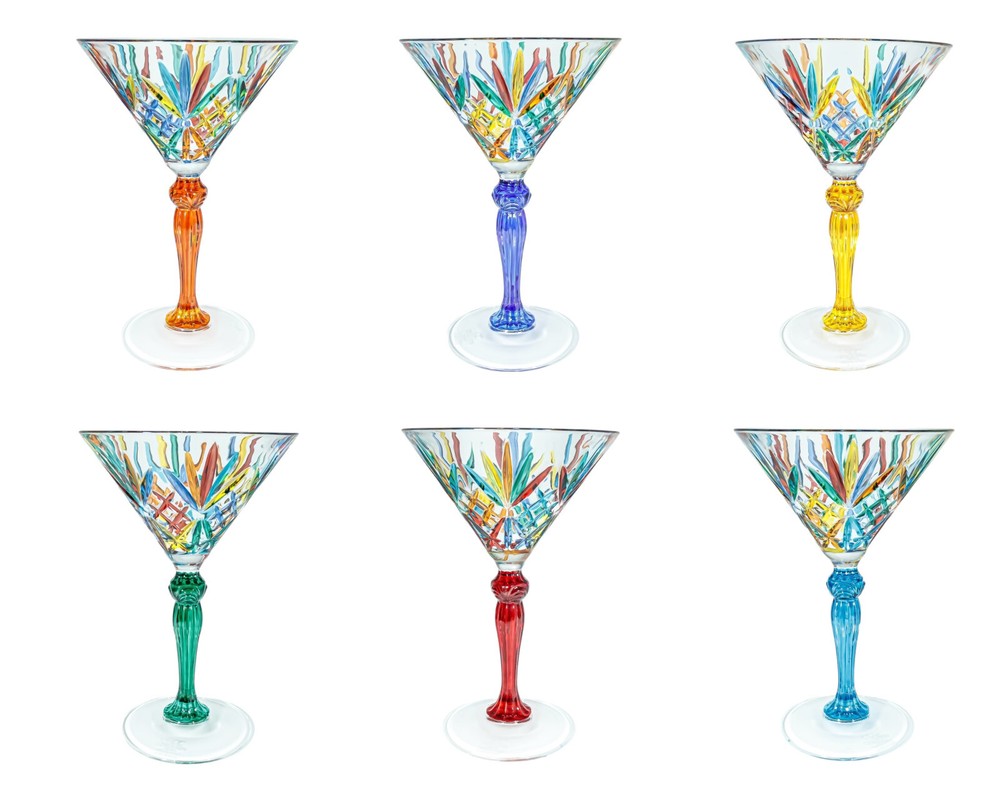 Set of 6 Six Murano Martini Or Champagne Glasses Hand Painted Multi Mixed Stems