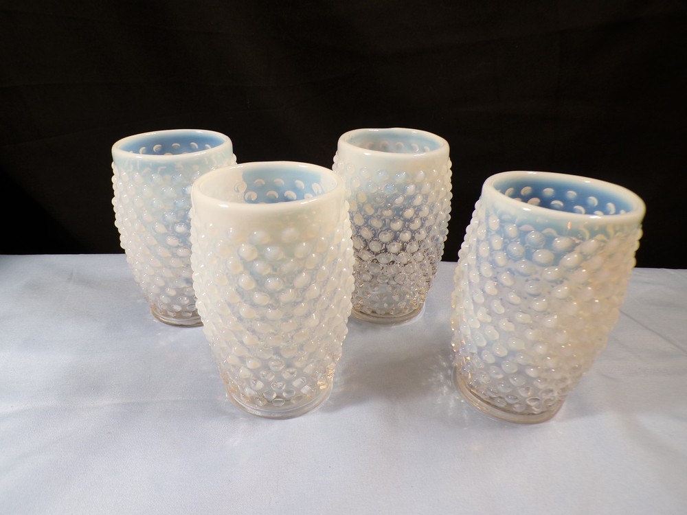Set of 4 Fenton French Opalescent Glass Hobnail Barrel Tumblers 4 3/4″ Tall INV2