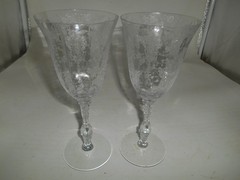 Pair of Cambridge Rose Point etched Elegant Glass 10 oz. Water Goblets #3121