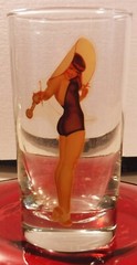 TWO VINTAGE GEORGE PETTY GIRL RISQUÉ HIGHBALL PEEK-A-BOO DRINKWARE 5.25” X 2.75″