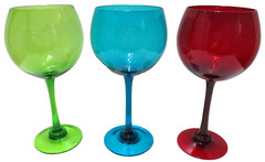Hand Crafted Glass Balloon Wine Goblets SET OF 3 Red Blue Green Stemware 8 1/4″