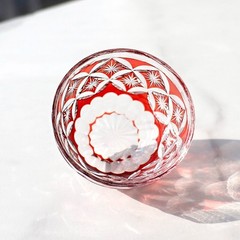 Red Edo Kiriko Glass Cup Small Shot Glasses For Sake Handmade Cased Glass 1.5oz