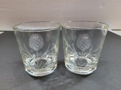 Set of 2 Vintage Scottish Thistle Etched Glass Tumbler Glasses Clear