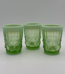 3x VTG Mosser Glass Eye Winker Green Opalescent Glass 4” Drinking Juice 1960’s
