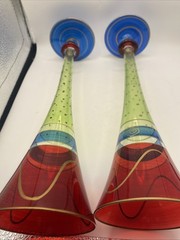 VTG Pier 1 Bohemian Set 2 Champagne Flutes Red Blue Green & Gold Accents 10.75”T