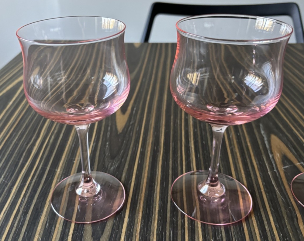 Rare Set of 4 Pink Depression Tiffin Tulip Wine Goblet Stemware Glasses