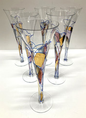 Milano Romanian Mosaic Stained Glass Champagne Flute Hand Blown Crystal Set of 6