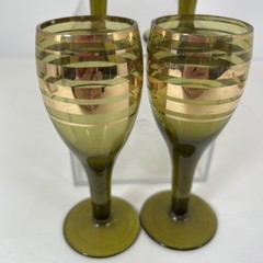 4 Green Tone Sherry Glasses w Gold Stripe Trim 5” Vintage