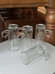 4 Optique Glass Irish Coffee Mugs By Essentials, Curled Handle EUC 5.75” Tall