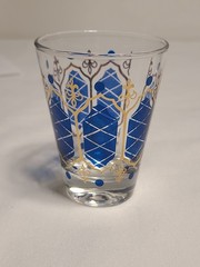 Vintage MCM Anchor Hocking Tall Shot Glasses Blue Gold Fleur-de-lis Set Of 2