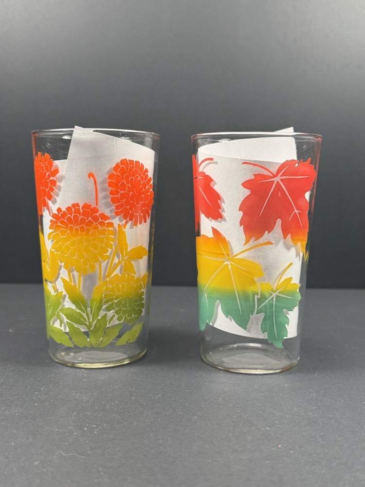 Vintage Floral & Maple Leaf Drinking Glasses Set 2 Retro MCM Juice Tumblers