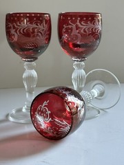 6 Vintage Bohemian Ruby Cut to Clear Crystal Cordial Glasses Leaf Fruit Design