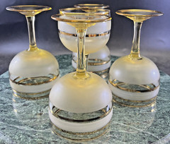 5 Czech Bohemian Clear Glass Bowl Gold & Frosted Ring Amber Stem &Base Gold Trim