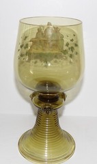 RARE VINTAGE LARGE ROEMER LION GREEN HANDBLOWN GLASS GERMAN ENAMEL 9 1/4″ GOBLET