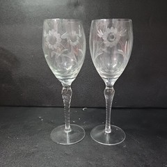Lenox Style Sunflower Etched Crystal Goblets, Set of 2, Vintage Twisted Stem
