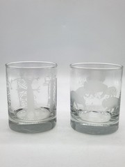 Pair of Etched Old Fashioned Rocks Glasses Low Ball Barware Southwest Designs