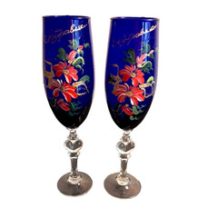 Set of 2 Russian Champagne Flutes Cobalt Blue Glass Clear Stem Heart 9″ Painted