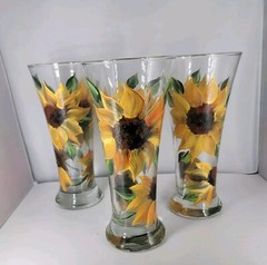 (3) Vtg Libbey 8″ Hand Painted Sunflowes Pilsner Glasses