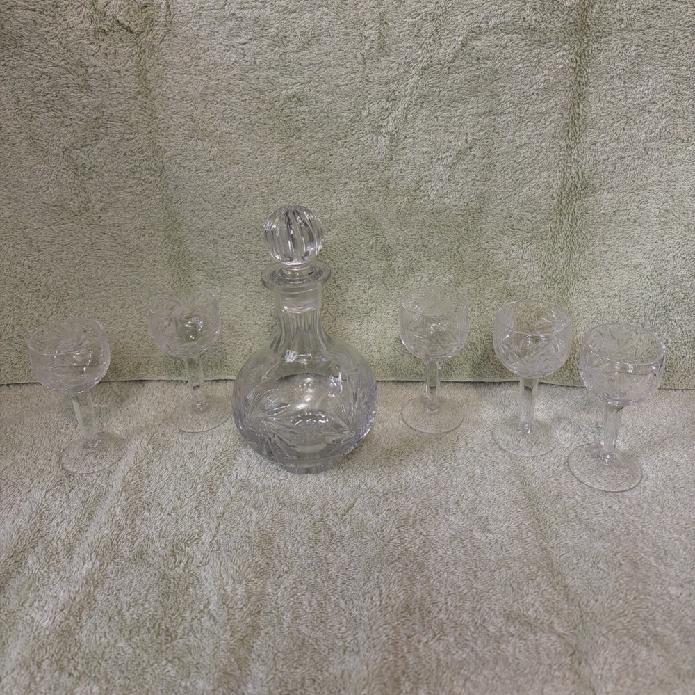 Clear Cut Glass Decanter & 5 Etched Cordial Glasses Hand Blown Six-Piece Set