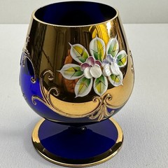Venetian Murano Art Glass 5″ Brandy Snifter Cobalt Blue Gold Gilt Floral Vintage