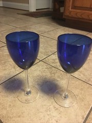 Two Stunning Cobalt Blue 9 oz Wine Glasses with Clear Stem, 8 1/4” Tall, Vintage