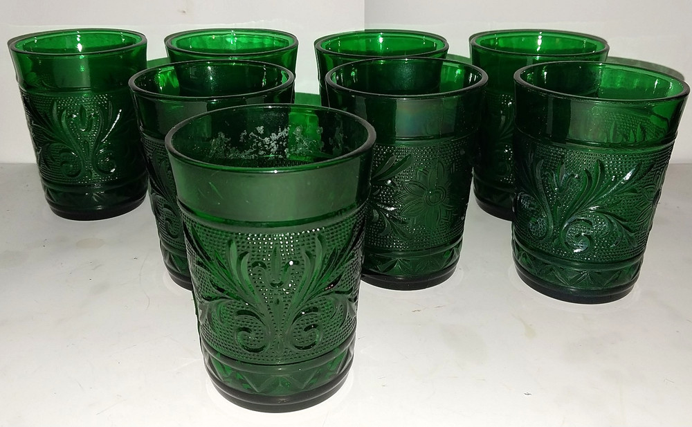 8 Vintage Anchor Hocking 4″ Juice Glass Emerald / Forest Green Sandwich Glass