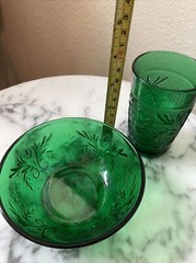 Anchor Hocking Forest Green Floral 5 Oz Juice Glass and small fruit bowl