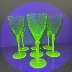 Antique Pukeberg Turkey Tracks Royal Fan Uranium Vaseline Glass Water Goblet