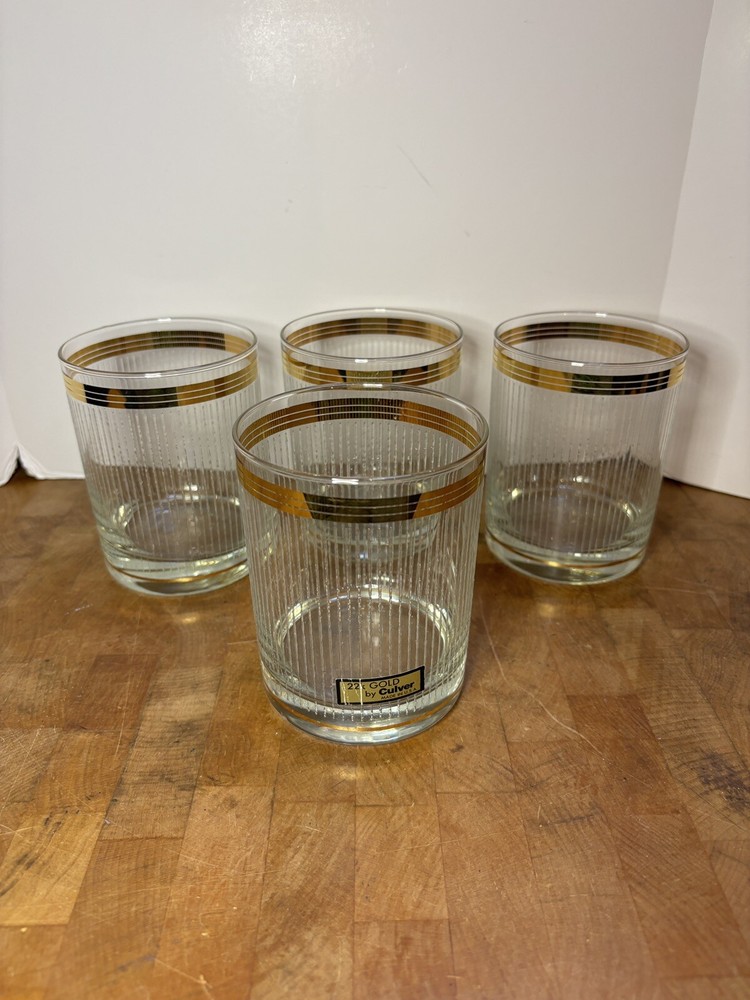 4- Vintage Culver Empire 22k Gold Rim Textured Double Old Fashioned Glasses