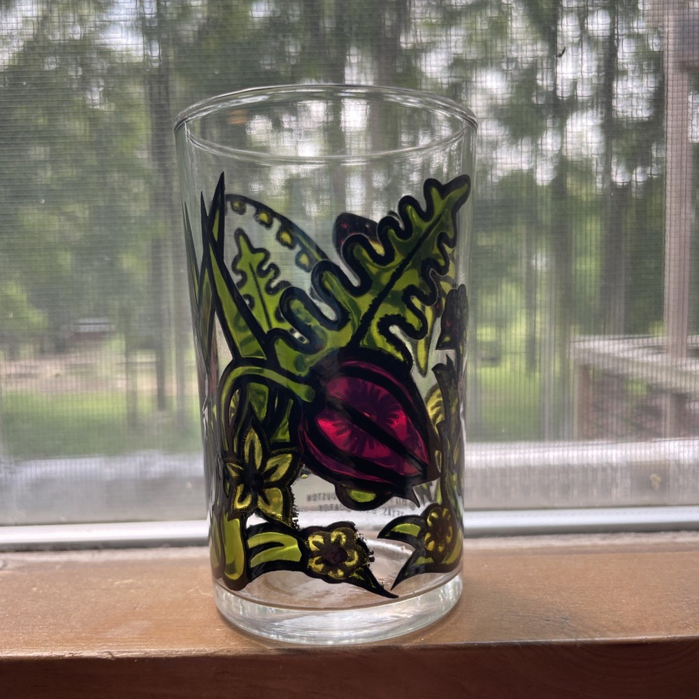 Vintage 1973 Faroy Inc Juice Glass 3.5 Inches Tall Floral & Butterfly Design