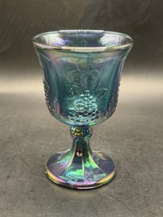 Antique Vintage Indiana Glass Co Blue Iridescent Goblet Carnival Glass Grapes