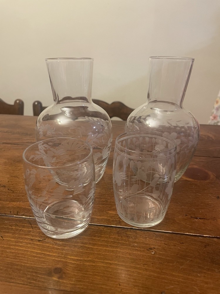 Set of 2 Etched Floral Glass Carafe and Tumbler Four-Piece Set