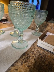 Vintage Style Sage Green Hobnail Beaded Goblets Dbl. Ball Stem Glassware Set (8)