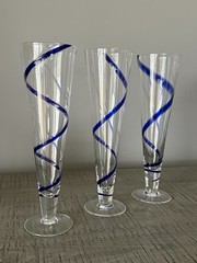 3 Pier 1 Imports Cobalt Blue Swirline Hand Blown Footed Pilsner Beer Glasses