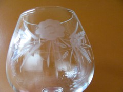 Vintage Crystal Etched Flower & Leaves Design-Smooth Stem-7 oz Brandy Glass(es)