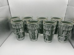 9-PC Hazel Atlas Wedgewood Green Egyptian Tumblers 8 Cups And Carrier RARE Set