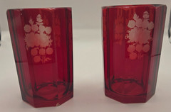 Antique Bohemian Ruby Red Faceted Glass Tumblers Pair Engraved Floral 1800s