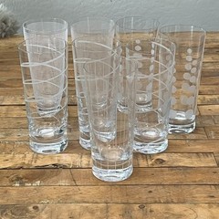 Mikasa Cheers Highball Glass Set of 8 Distinct Etched Patterns Dots Swirls Lines