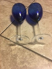 Two Stunning Cobalt Blue 9 oz Wine Glasses with Clear Stem, 8 1/4” Tall, Vintage