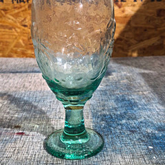 Unmarked Textured Glass Goblet, Clear with Green Tint Stem & Foot