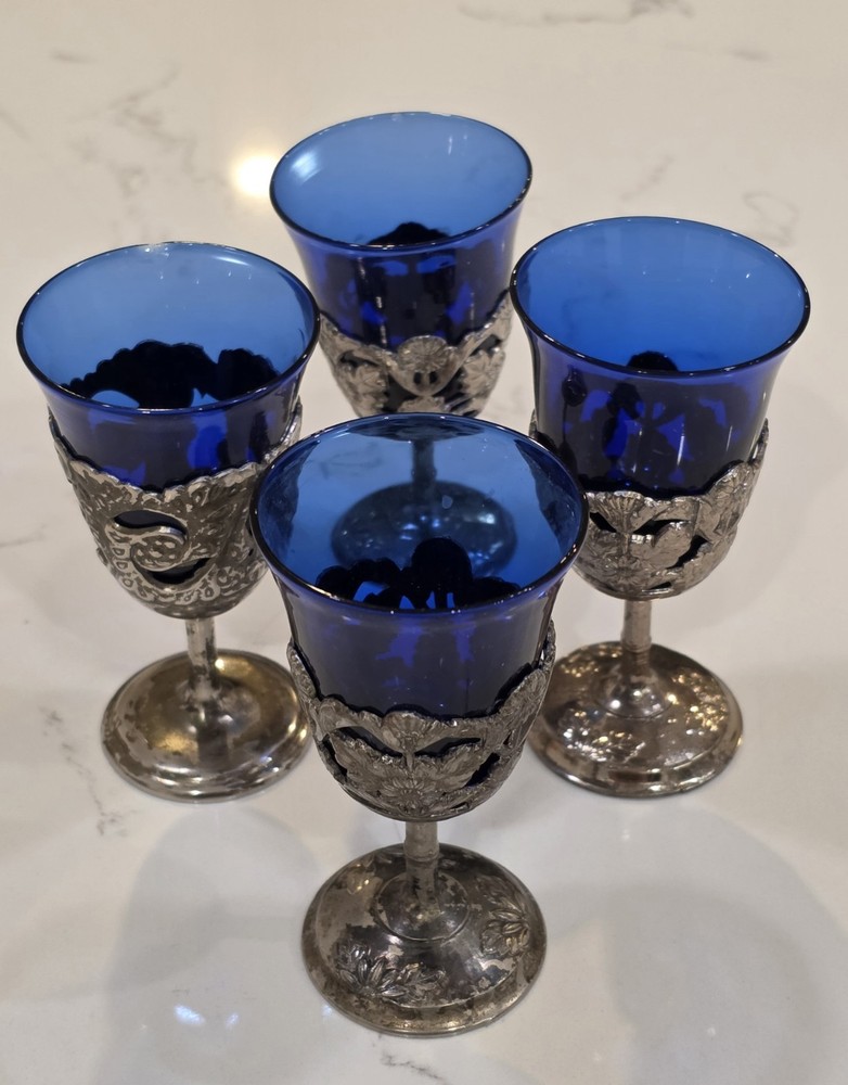 Vintage Silver- Plate Cobalt Blue Cordial Glasses Set Of 4
