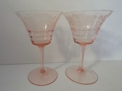 Cambridge Cleo Pink Depression Glass Etched Wine Glasses Set Of 2 Vintage