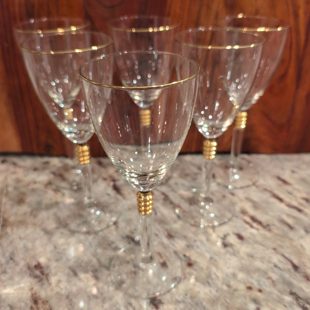 Hollywood Regency Style Wine Glasses, Gold Rims, Gold Ring Ribbed Band, Set 6