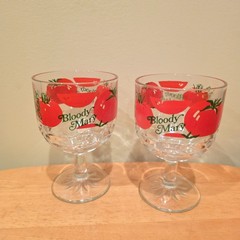 Vintage 1970s Bloody Mary Red Tomato Cocktail Goblet Barware Glasses Set of 2
