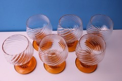 Vintage 6 Cordial Wine Glasses Clear Optic Swirl Glass Thick Stem Amber Foot 4″