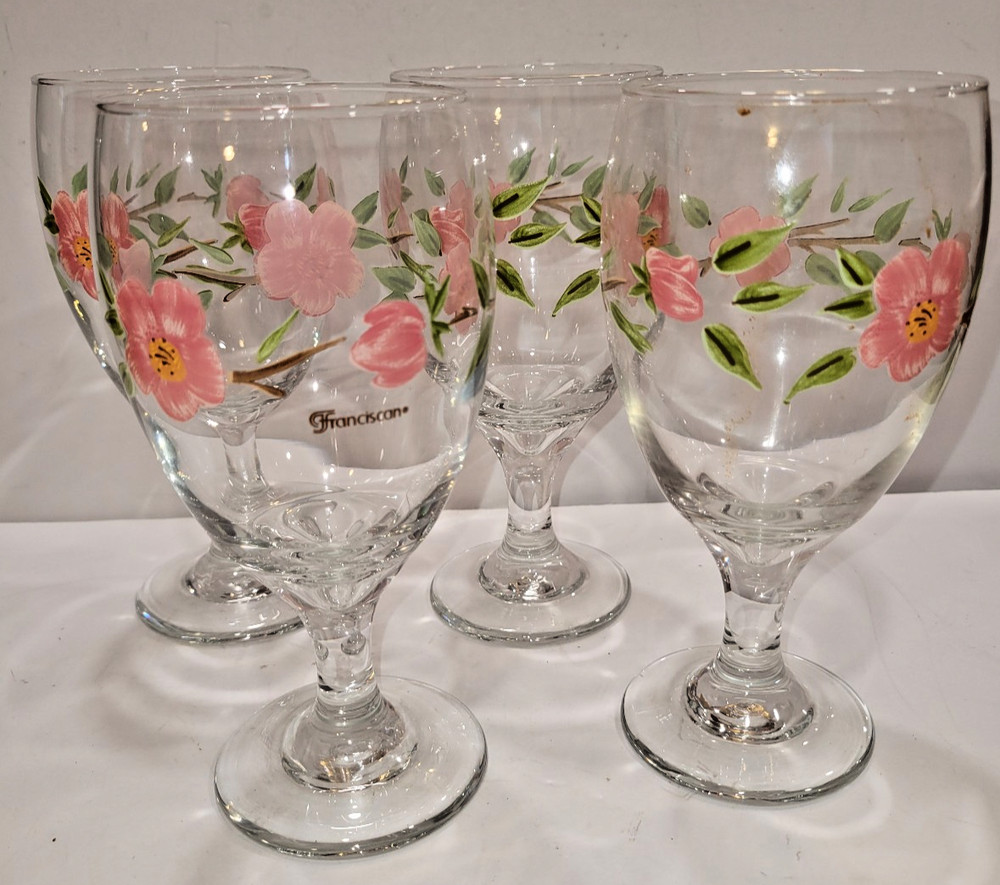 Franciscan Desert Rose Set of 4 Wine / Water Goblet Hand Painted Floral Glass 7”