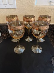 Italian Wine Glasses Cristal Mode Iridescent Amber Gold Rose Gold Trim RARE READ