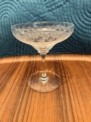 Unknown Champagne Low Sherbet Glass/ Etched Geometric Design – Optic